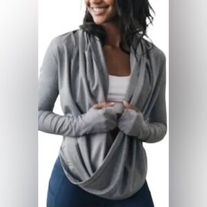ZYIA Active Haze Yoga Shawl Wrap Top L Hooded Thumbholes Lounge Workout Break